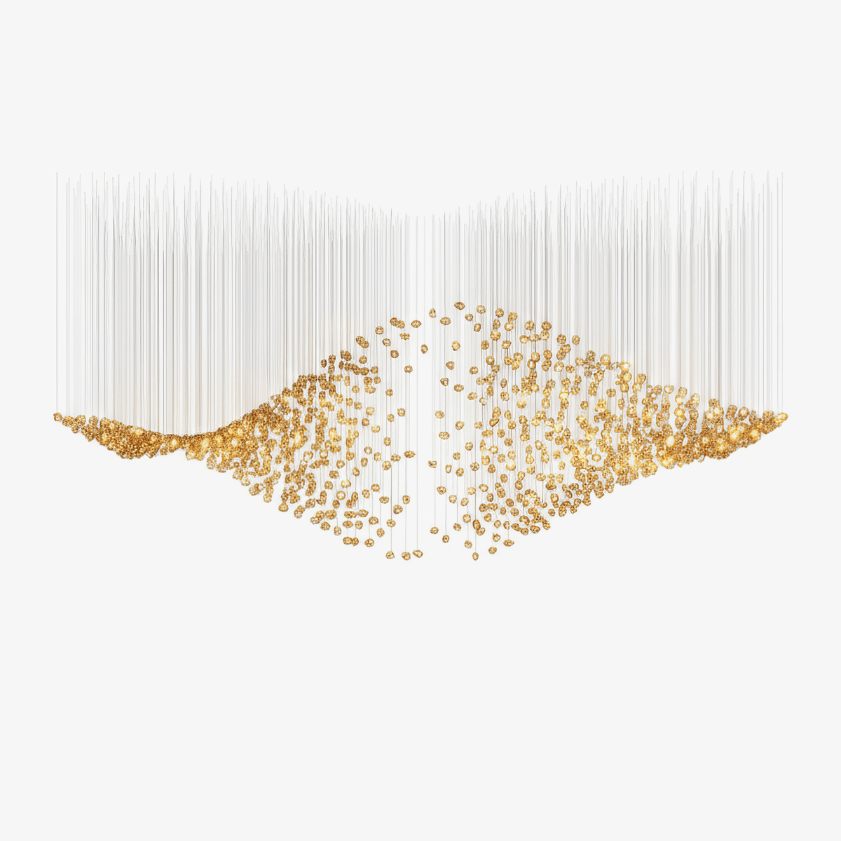 Raw Crystal Custom Chandelier — amber glass elements in a broad suspended wave