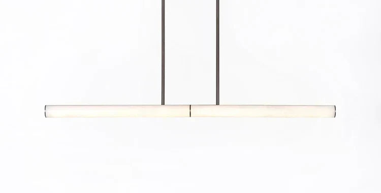 Callisto linear alabaster pendant with a slim illuminated horizontal body and two vertical supports