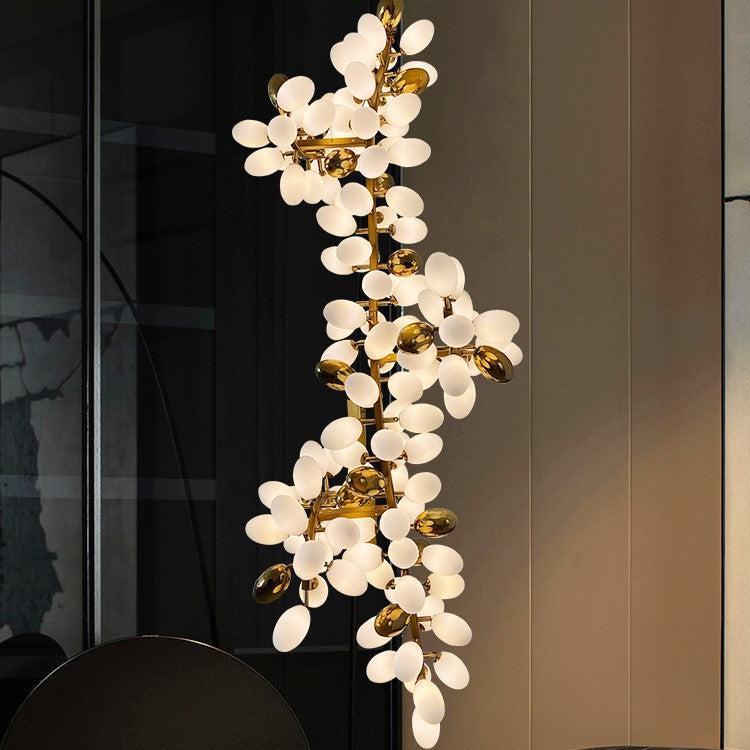 Large Branch Copper Chandelier with Grape Shape — white and gold rounded elements along a vertical branch