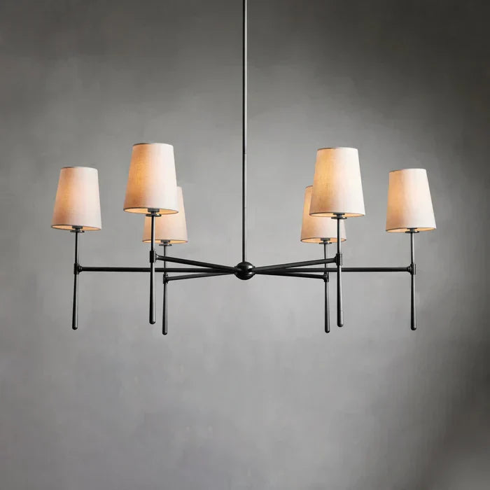 Rhodes round chandelier with individual pale shades around a dark frame
