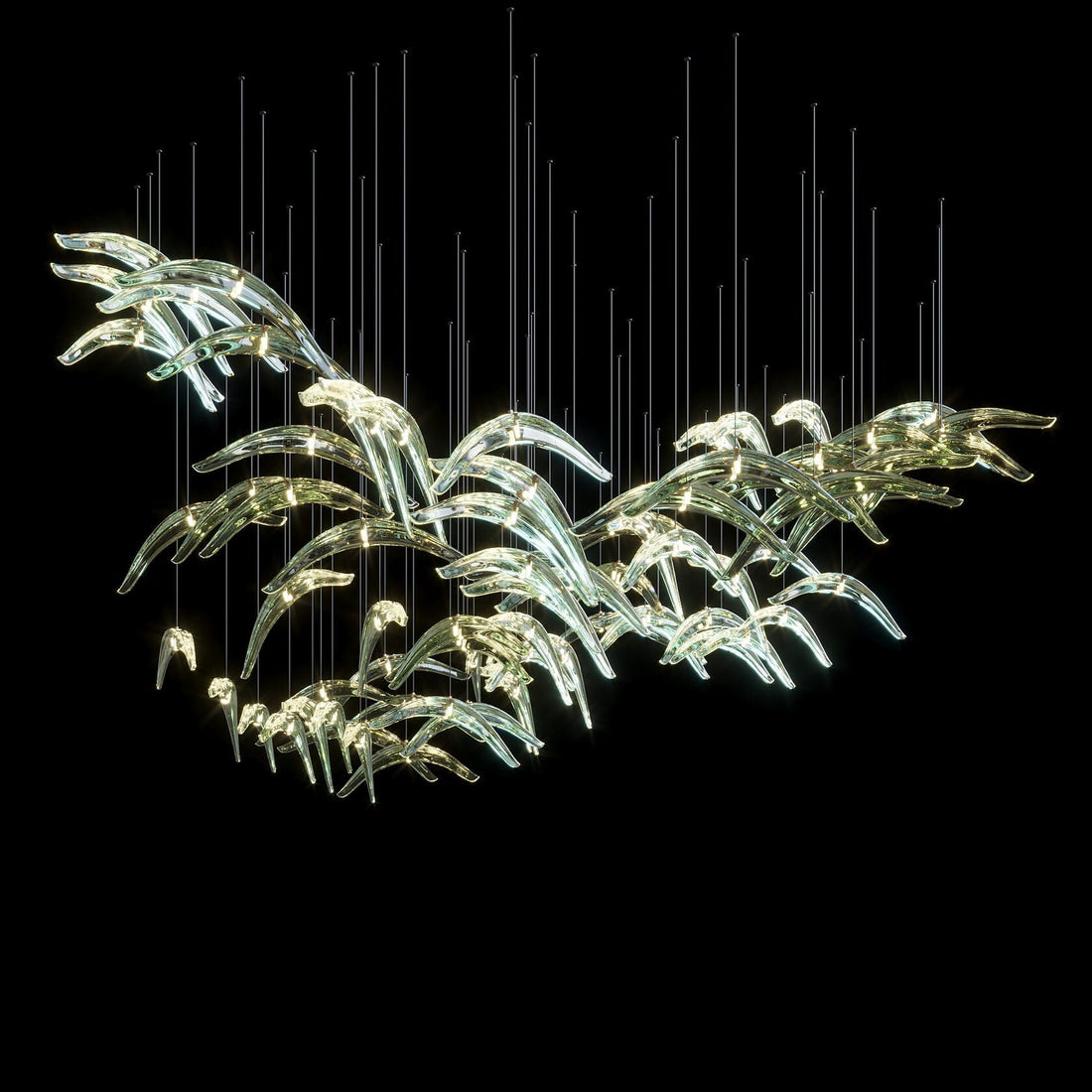 Glass Bird Flock Chandelier — clear bird-shaped glass forms in a suspended flock