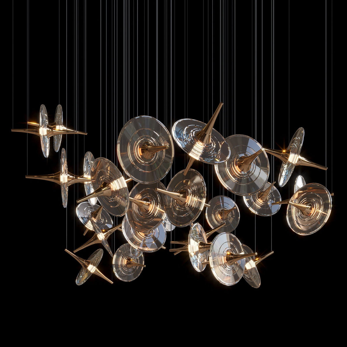 Smoke-toned glass discs arranged around a branching chandelier frame