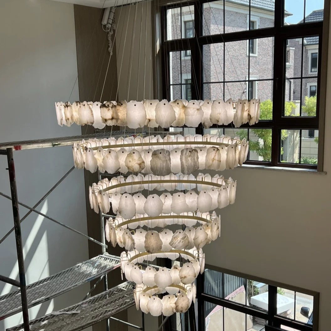 Modern Multi-layer White Alabaster Chandelier for Staircase/Foyer by Bling Lighting Studio