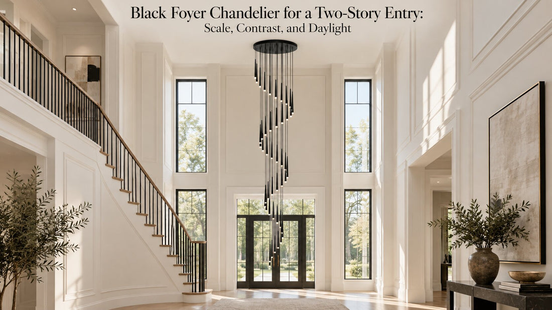 Black Foyer Chandelier for a Two-Story Entry: Scale, Contrast, and Daylight