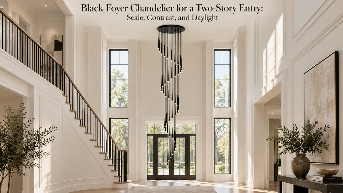 Black Foyer Chandelier for a Two-Story Entry: Scale, Contrast, and Daylight