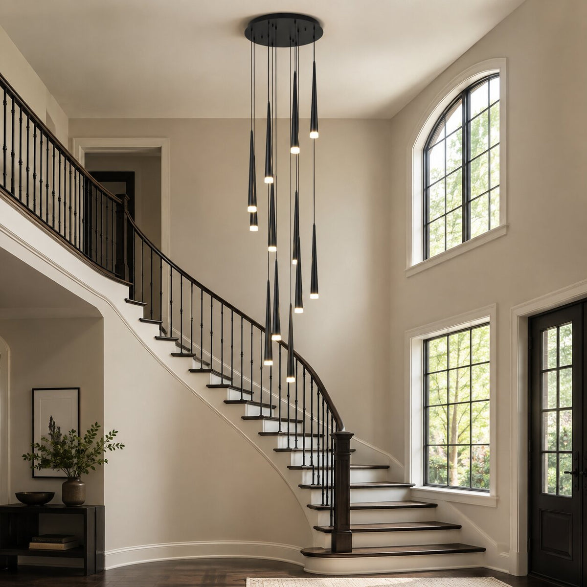 Black Foyer Chandelier for a Two-Story Entry: Scale, Contrast, and Daylight