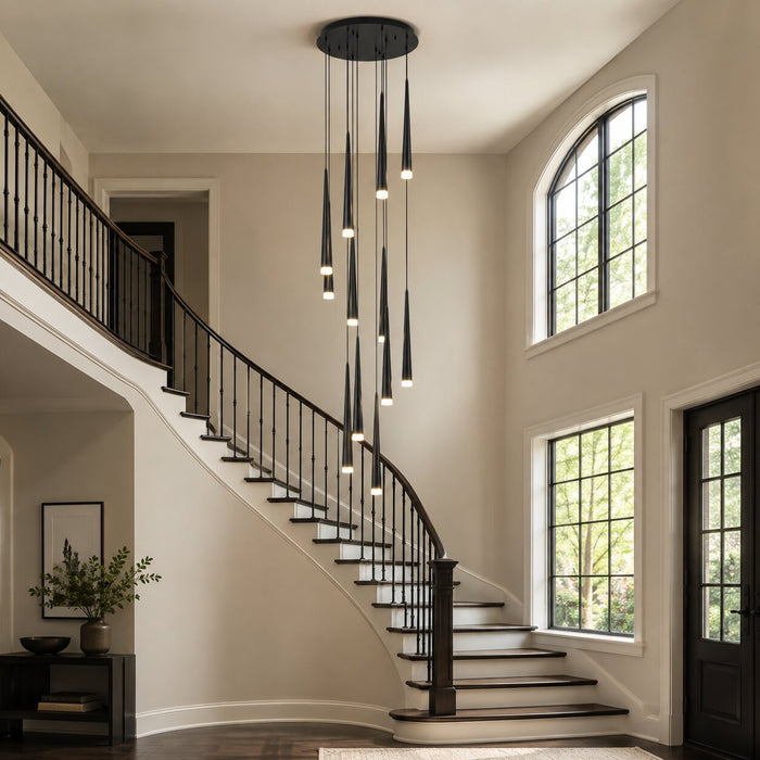 Black Foyer Chandelier for a Two-Story Entry: Scale, Contrast, and Daylight