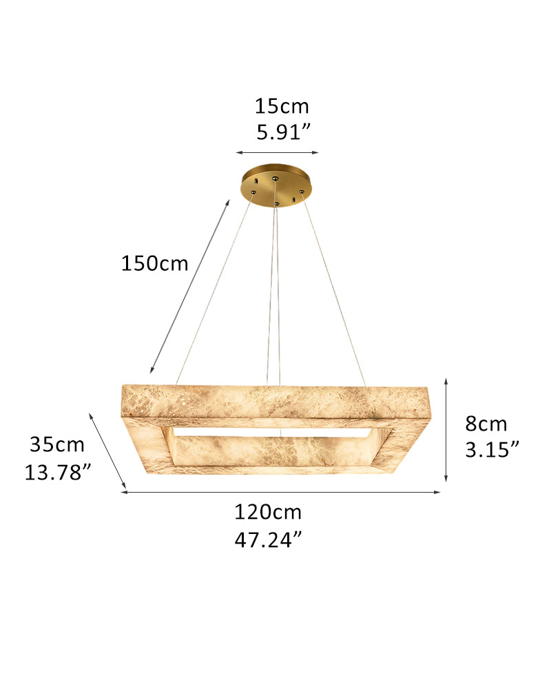 Rectangular alabaster panel chandelier with its frame and suspension dimensions