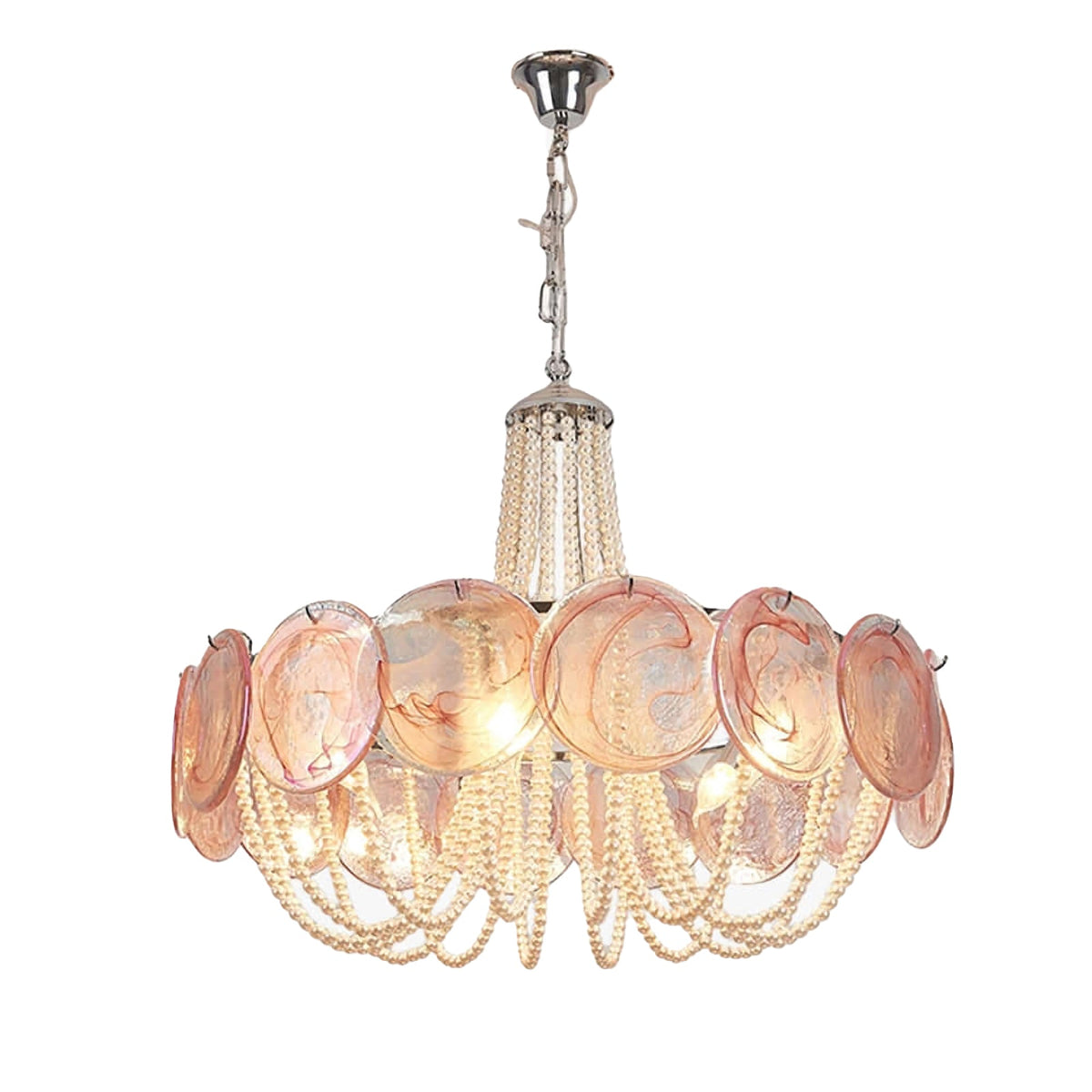 Pink disc glass chandelier with overlapping circular glass pieces