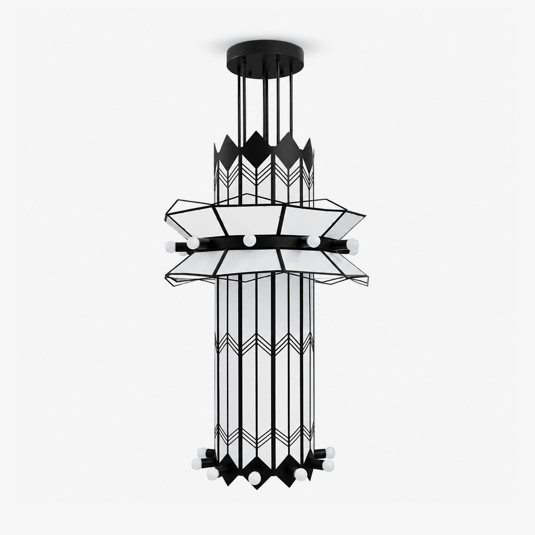 Rayonne black-and-white chandelier with angular repeated geometry