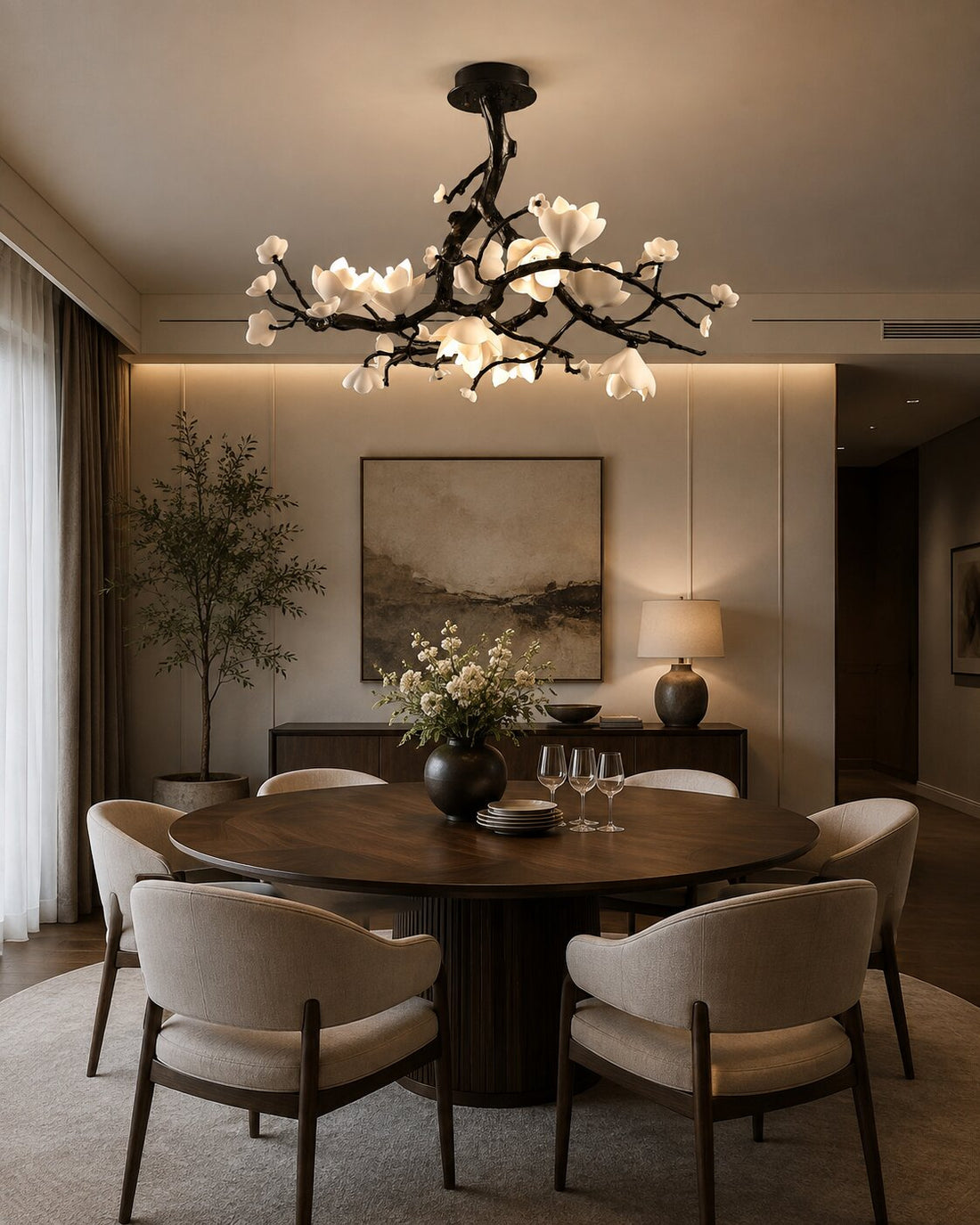 Round Branch Chandelier for a Round Dining Table: Size and Placement