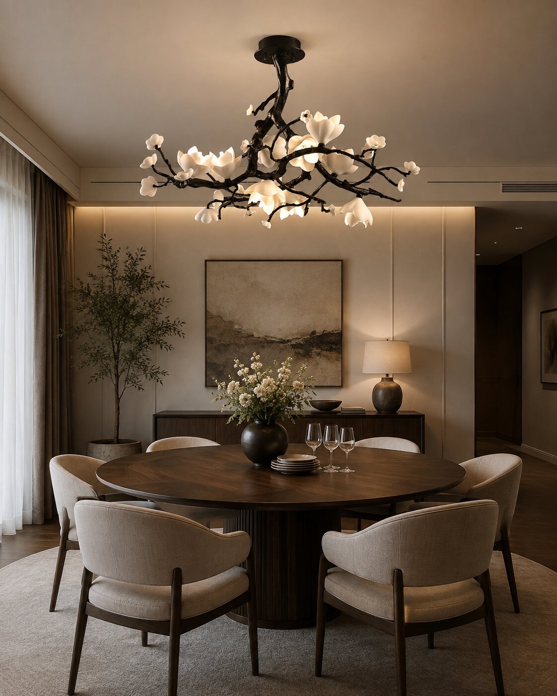 Round Branch Chandelier for a Round Dining Table: Size and Placement
