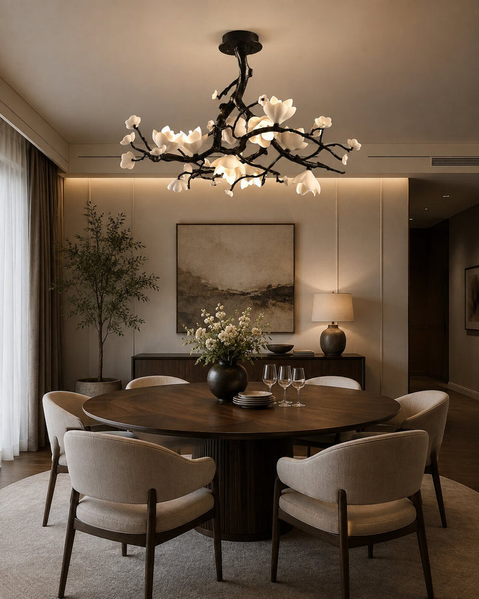 Round Branch Chandelier for a Round Dining Table: Size and Placement