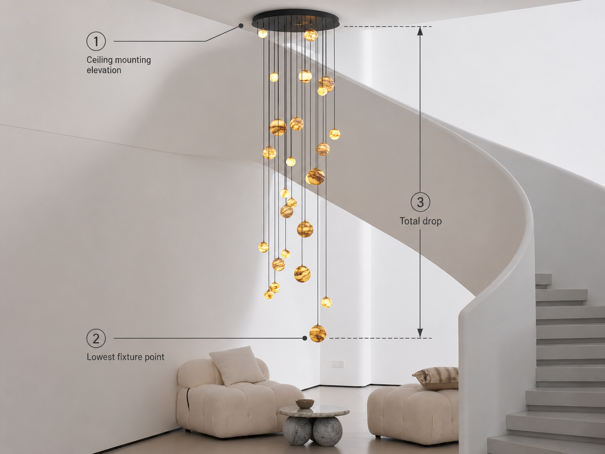 Staircase Chandelier Size : Height, Width and Drop Length lighting example by Bling Lighting Studio