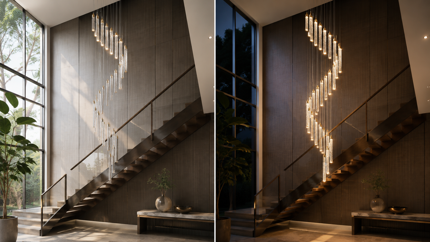 Staircase Chandelier Beside a Large Window: Size, Glare and Placement