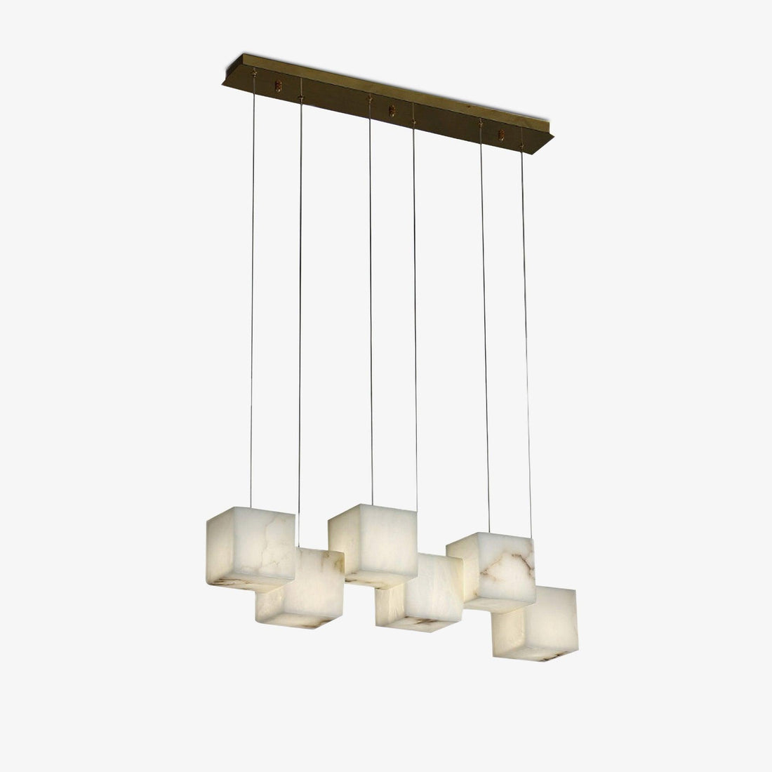 Alabaster Box Cube Chandeliers — six alabaster cube shades suspended from a linear ceiling plate