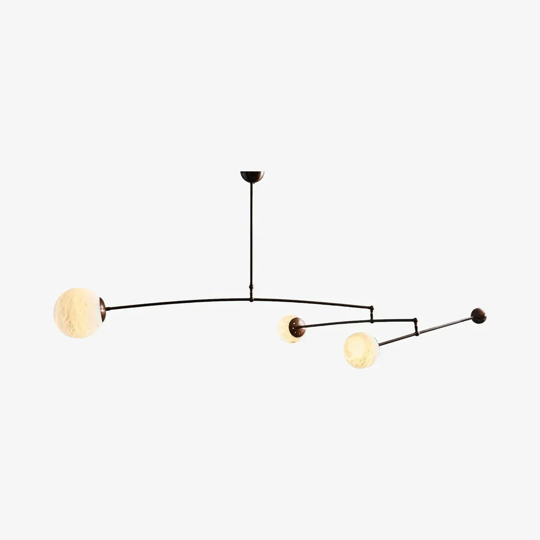 Triple mobile chandelier with asymmetrical arms and stone shades