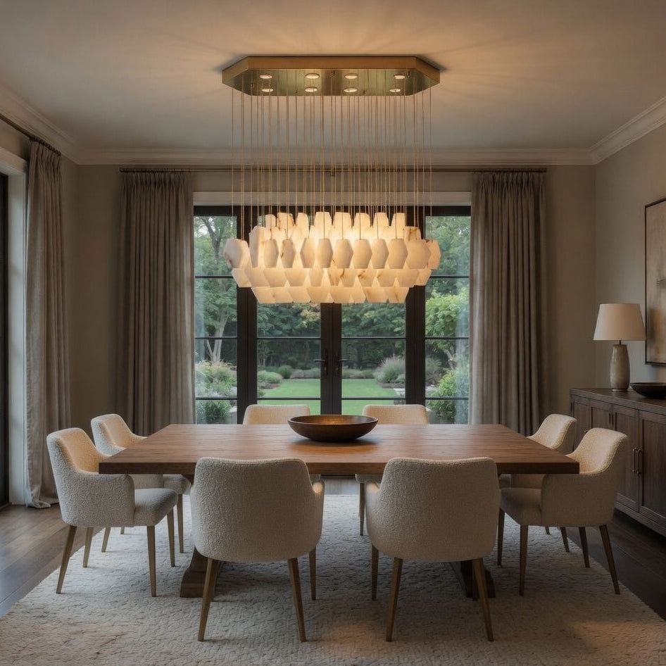 Arden chandelier with pale layered shades suspended beneath a rectangular ceiling plate