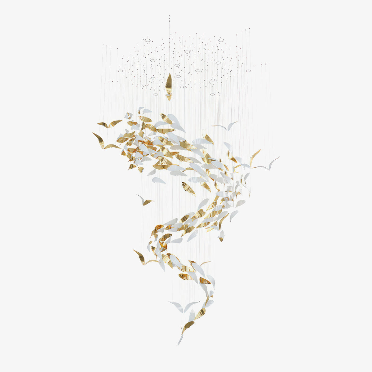 Bennett Chandelier — gold and white leaf-like shapes in a tapered cascade