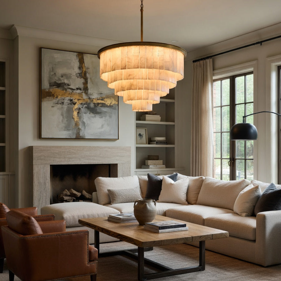 Berkley stepped chandelier above a living-room seating group