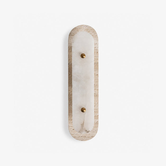 Pill-shaped pale stone wall sconce with an inset illuminated section