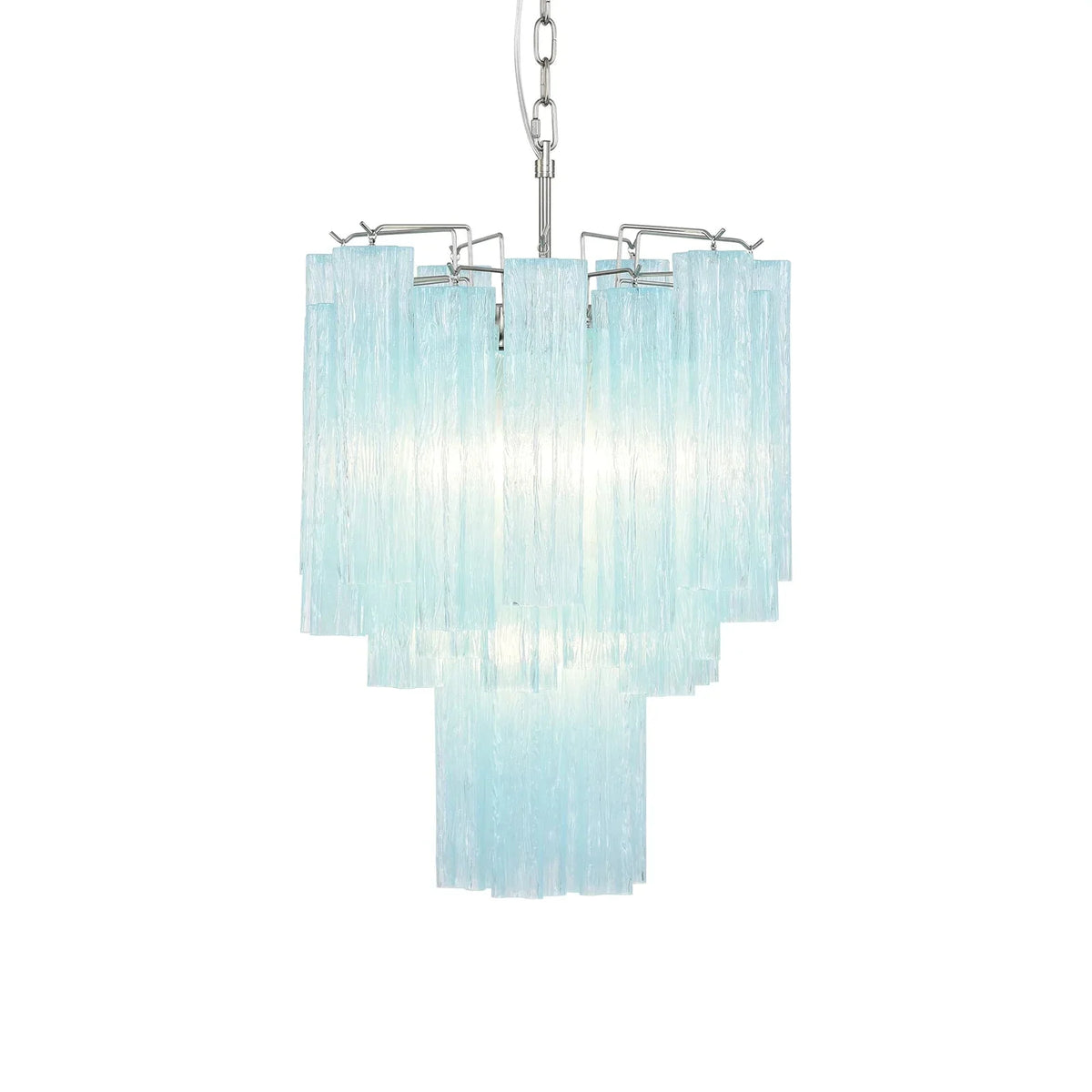 Blue glass tube chandelier with a layered vertical outline