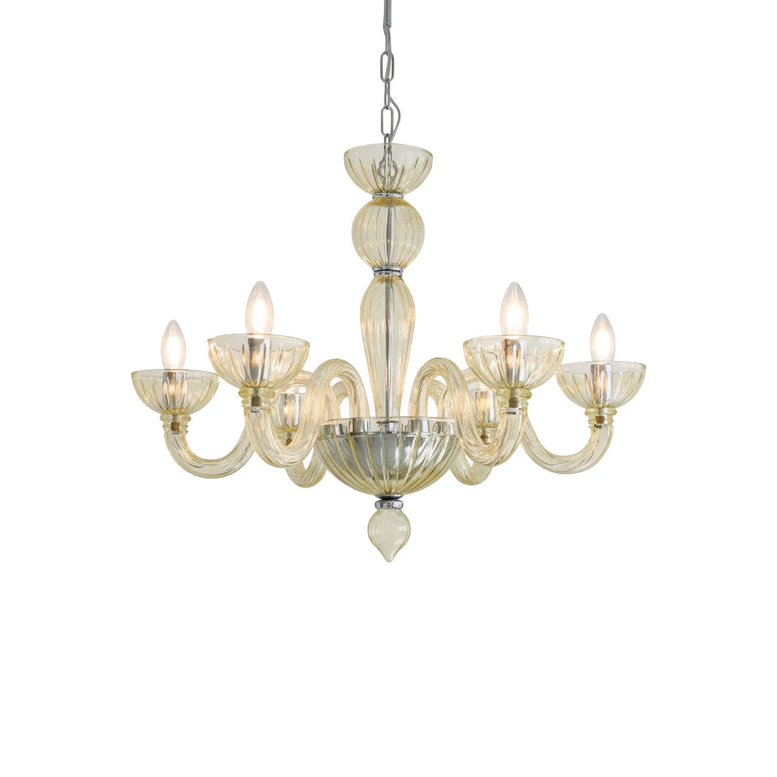 Champagne Ares chandelier with pale tinted glass arms and a curved central stem