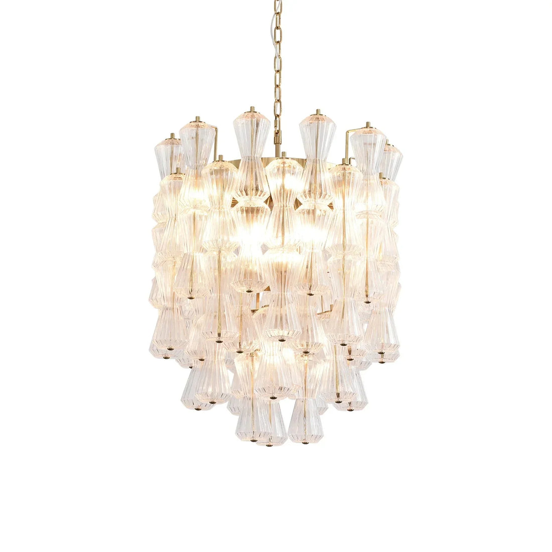 Clepsydra chandelier with repeated clear hourglass-like glass pieces in descending layers