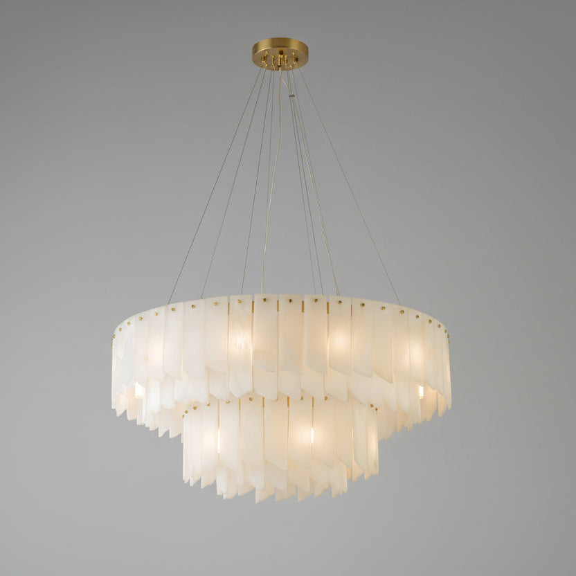 Alabaster cascade chandelier with broad descending circular tiers of pale stone panels