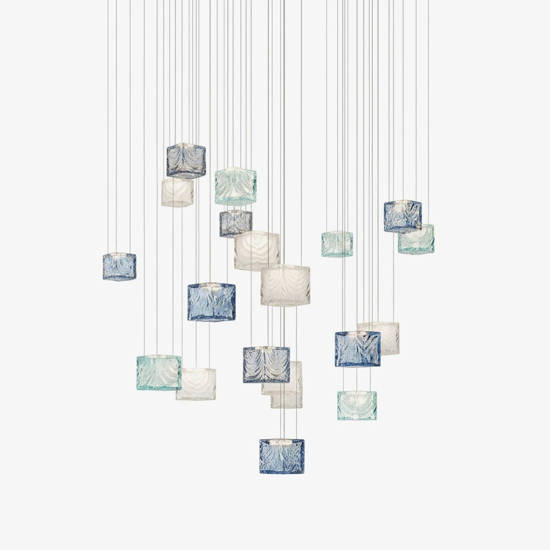 Crystal Pixels Custom Chandelier — blue, green, and clear square elements suspended at staggered heights