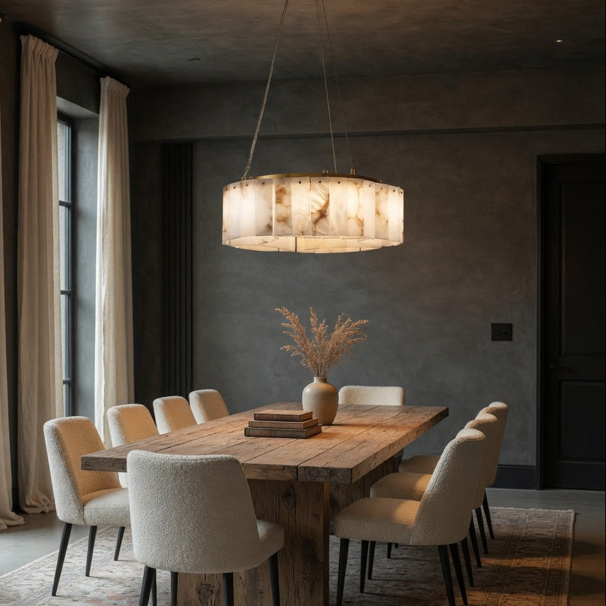 Hartford cylindrical chandelier above a rectangular dining table