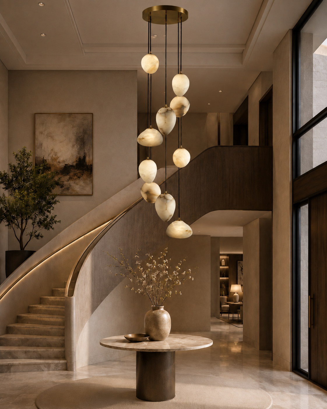 Clean branch chandelier installed in a finished foyer after careful material-specific maintenance