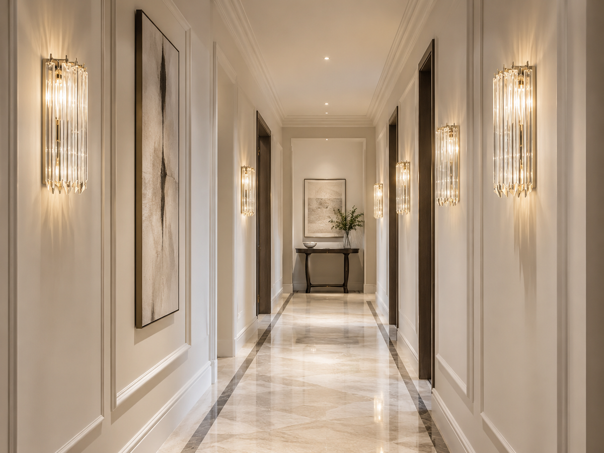 Murano glass wall sconces installed along a hallway with controlled projection and repeated spacing