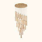 Chandelier with multiple cylindrical lights on a white background