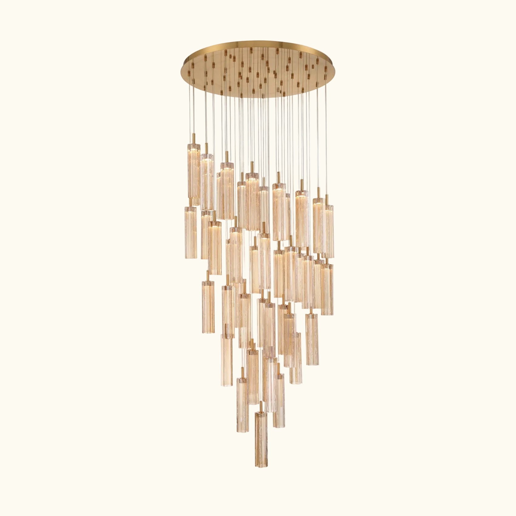 Chandelier with multiple cylindrical lights on a white background
