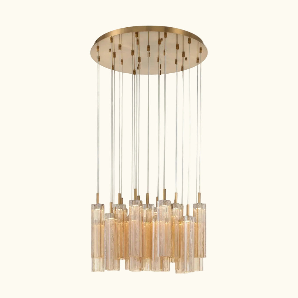 Chandelier with gold and beige accents on a white background