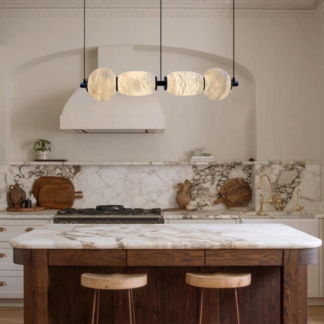 Modern Linear White Alabaster Solid Ball Thread Synthetic Shade Hanging Light for Dining