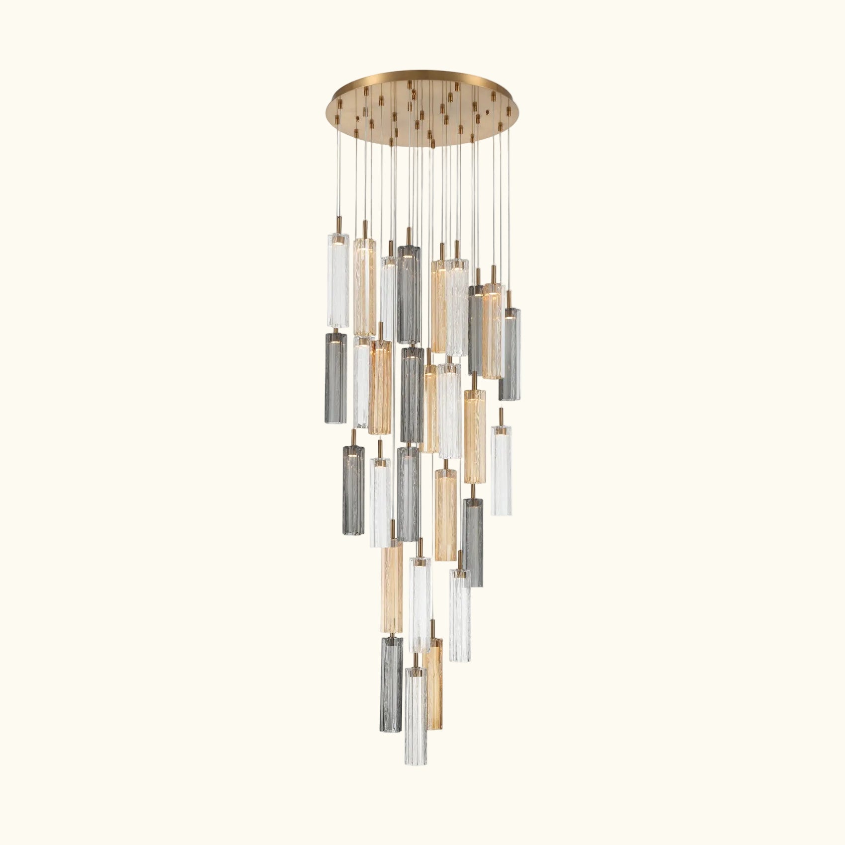 A modern multi-light linear chandelier with a circular brushed gold canopy, featuring multiple clear glass and brushed metal cylindrical tubes of varying lengths hanging in a cascading arrangement against a white background.