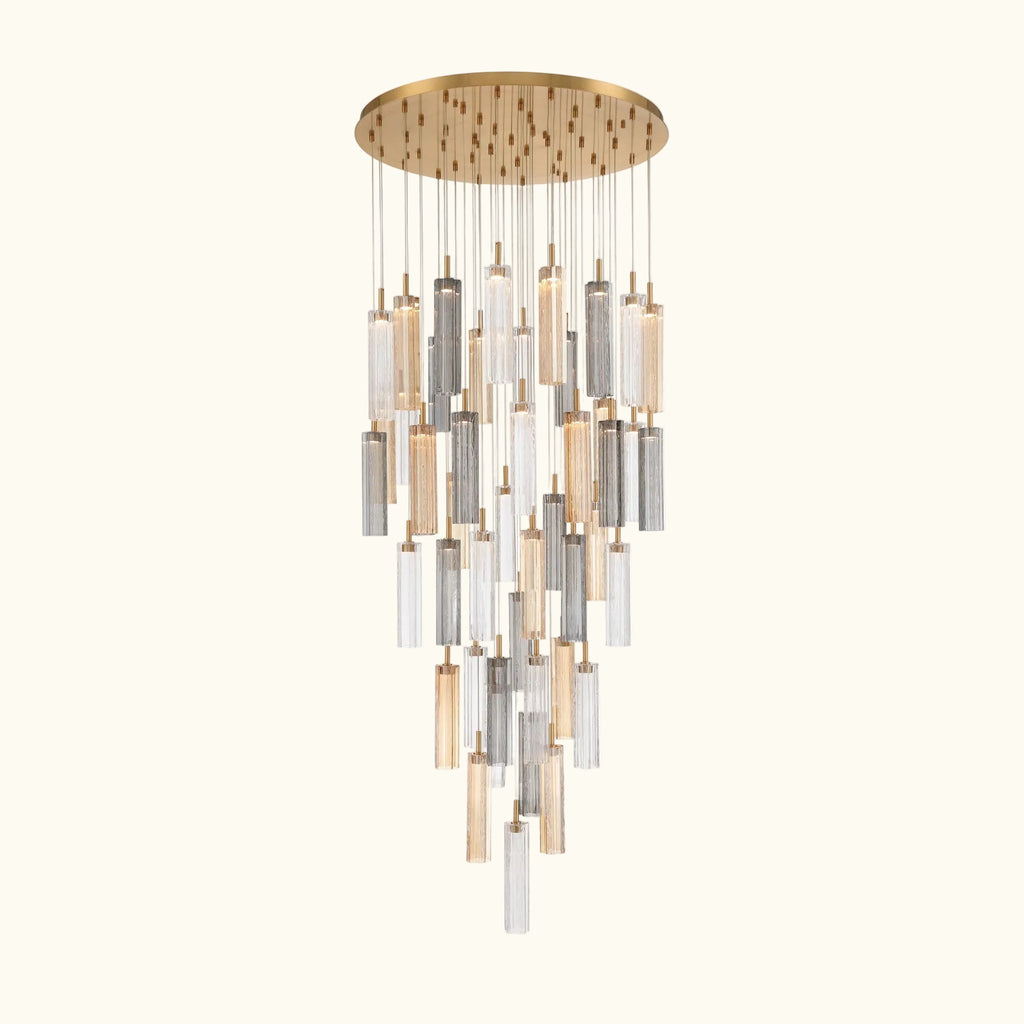 Chandelier with multiple cylindrical lights on a white background