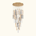 Chandelier with multiple cylindrical lights on a white background