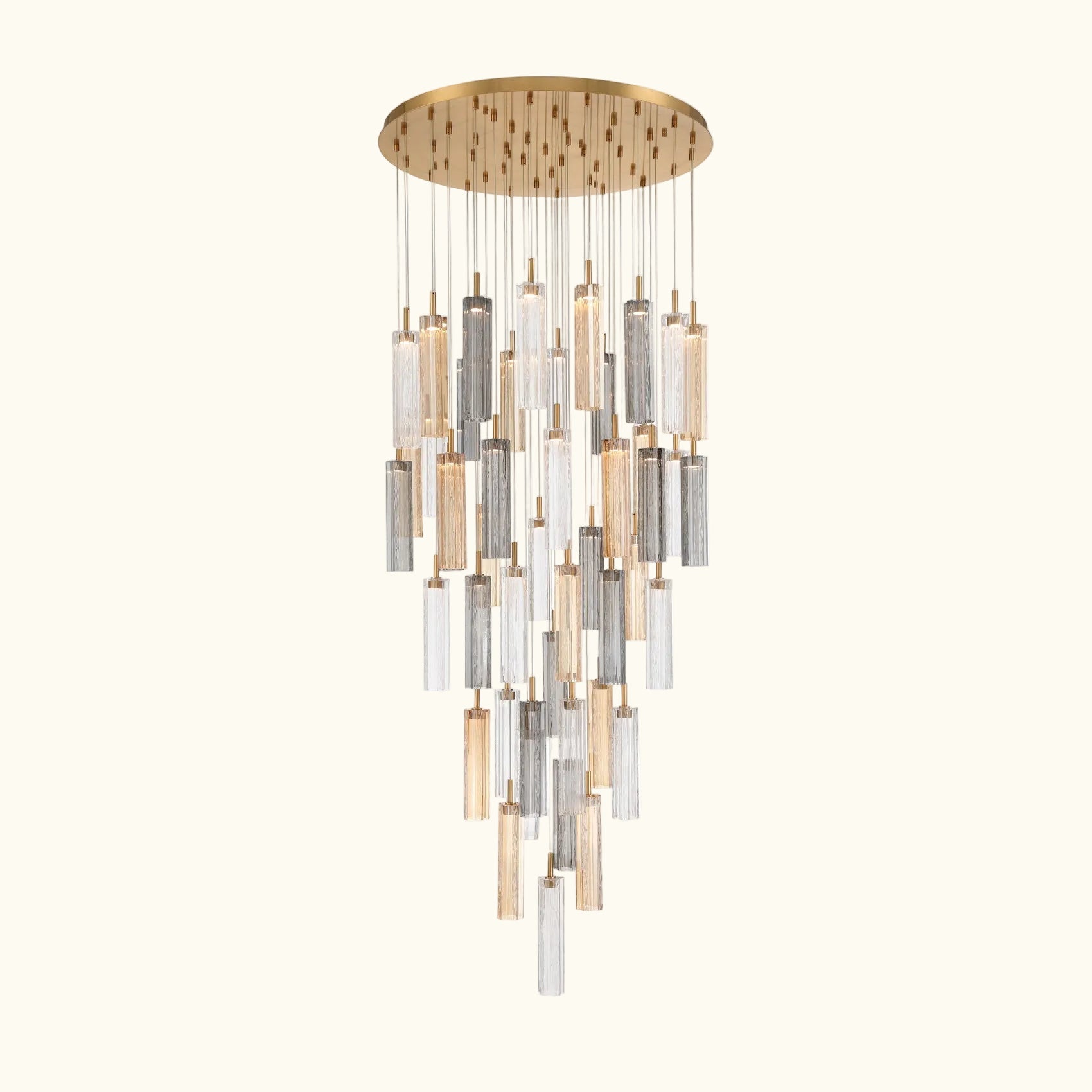 Chandelier with multiple cylindrical lights on a white background