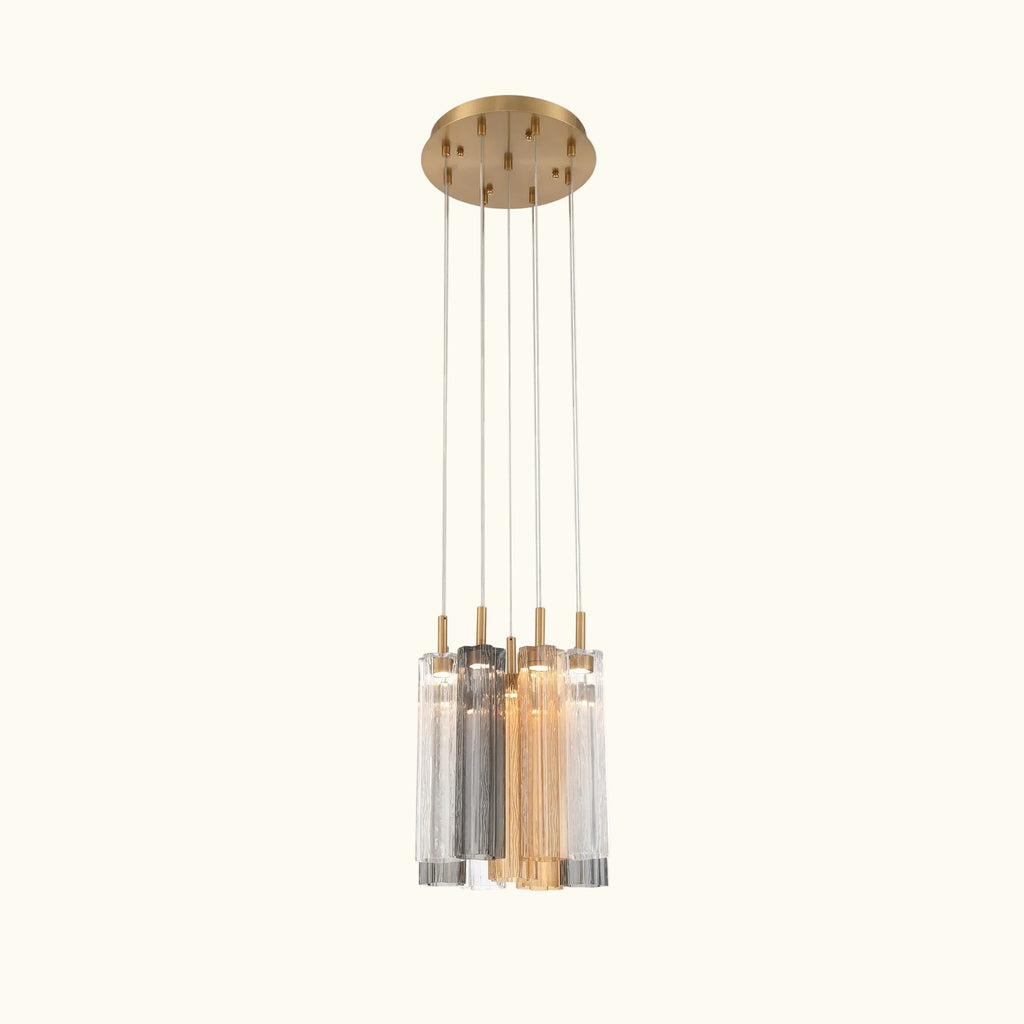 Modern pendant light with glass shades on a white background