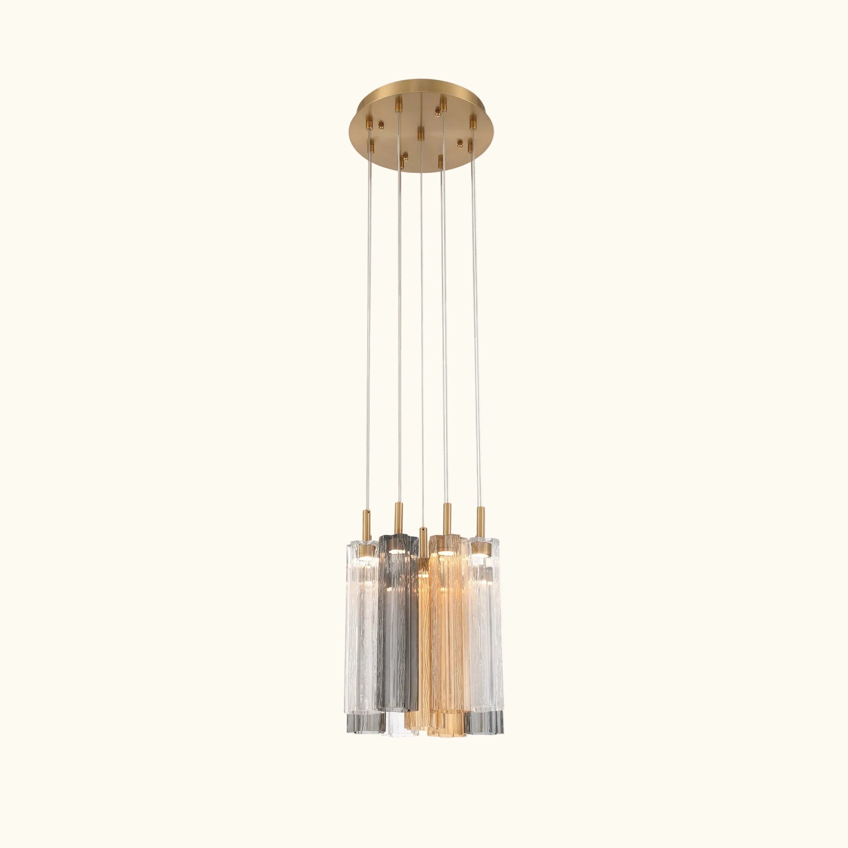 Modern pendant light with glass shades on a white background