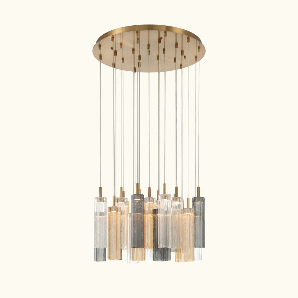 Modern chandelier with multiple cylindrical glass shades on a white background