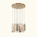 Modern chandelier with multiple cylindrical glass shades on a white background