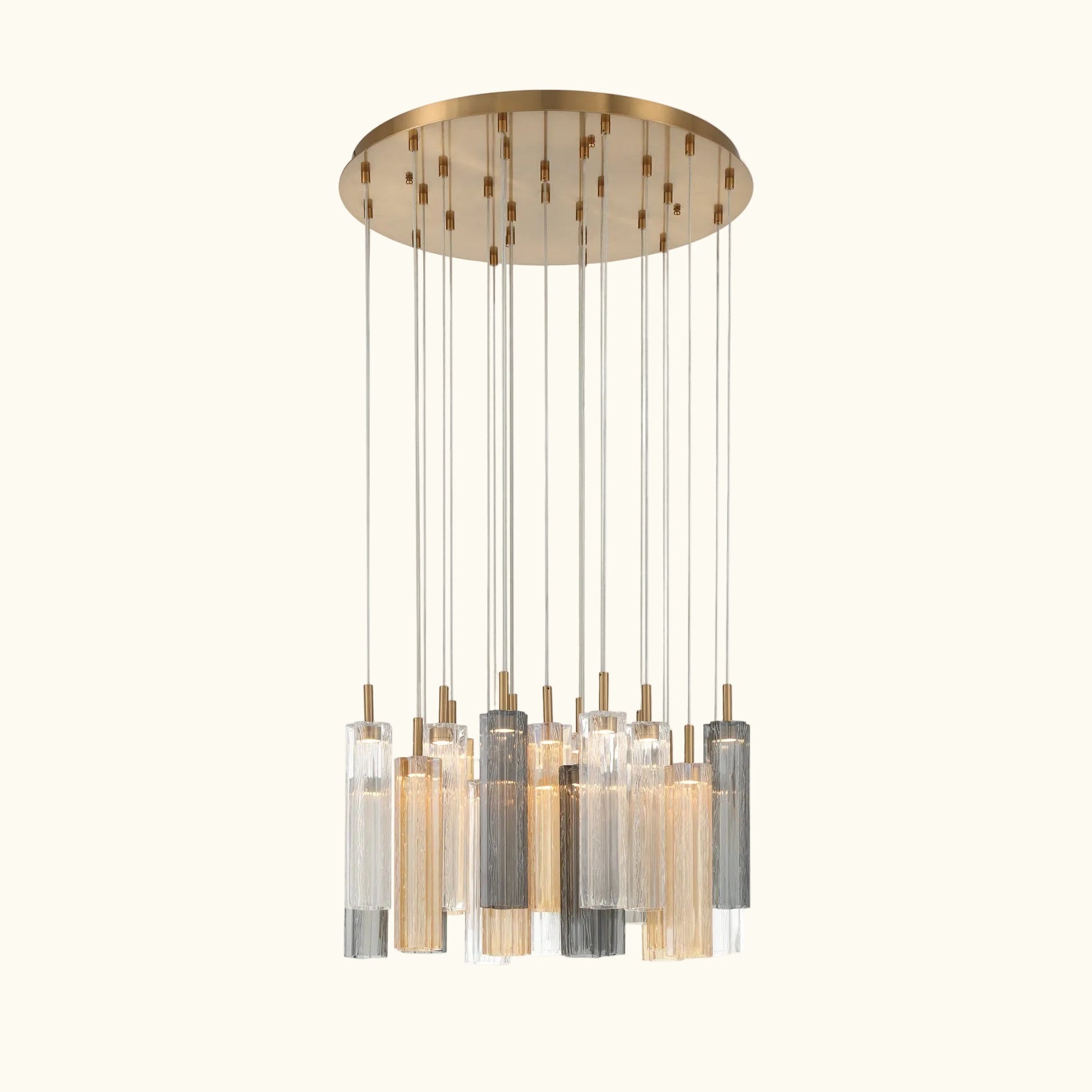Modern chandelier with multiple cylindrical glass shades on a white background