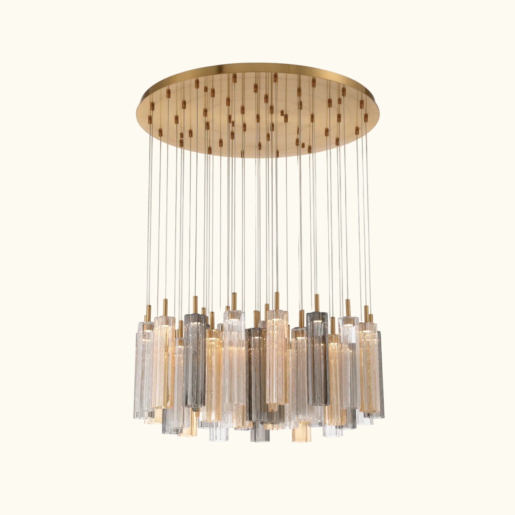 Chandelier with cylindrical glass shades and a wooden top on a white background