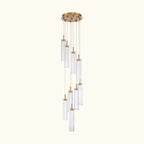 Chandelier with clear glass shades and gold accents on a white background