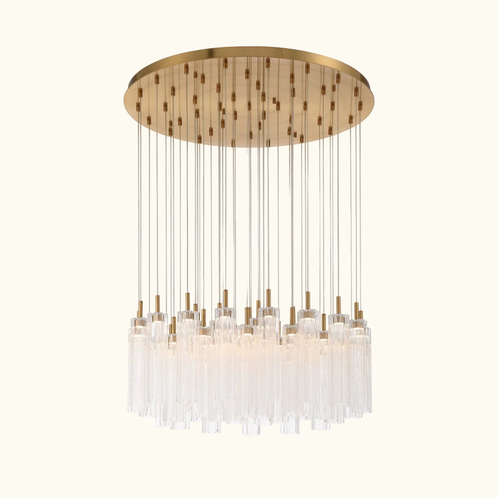 Chandelier with wooden shade and multiple glass lampshades on a white background