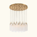 Chandelier with wooden shade and multiple glass lampshades on a white background